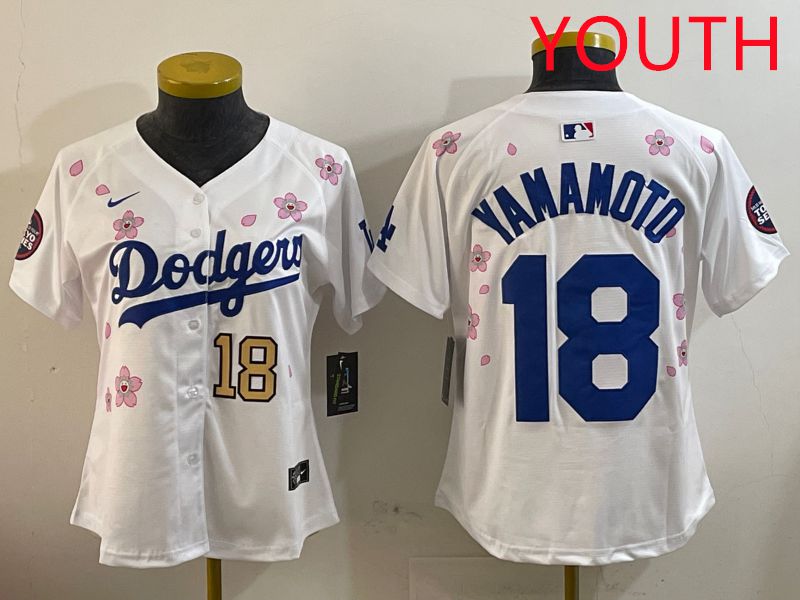 Youth Los Angeles Dodgers #18 Yamamoto White Sakura Edition 2025 Nike MLB Jersey style 8->youth mlb jersey->Youth Jersey